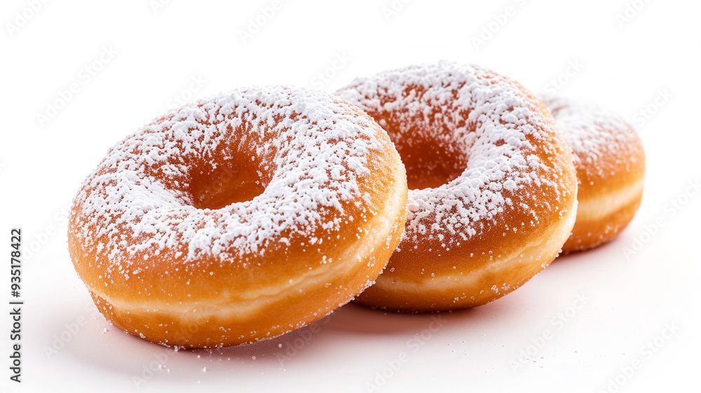 Donuts arranged on a white background, sprinkled with sugar Donuts arranged on a white background, sprinkled with sugar