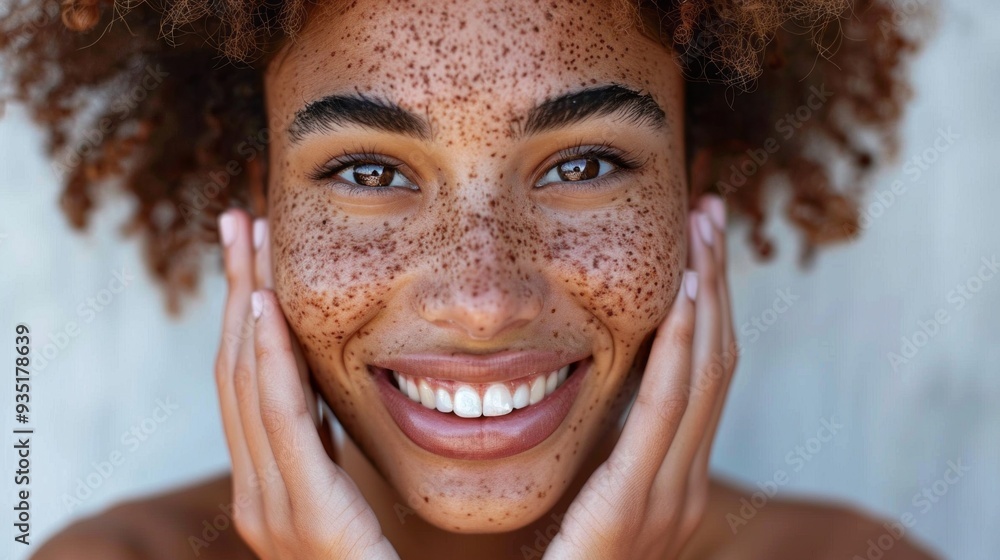 A joyful African American woman with curly hair and freckles smiles broadly while enjoying a sunny day outdoors. Her hands gently frame her face, radiating positivity and confidence A joyful African American woman with curly hair and freckles smiles broadly while enjoying a sunny day outdoors. Her hands gently frame her face, radiating positivity and confidence