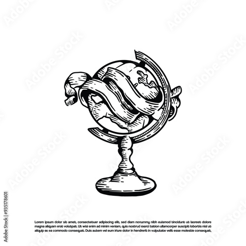 Vintage retro hand drawn globe world with ribbon vector art illustration