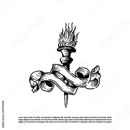 Engraving light torch flame vector with ribbon illustration