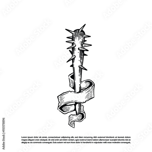 Vintage retro hand drawn baseball bat with spike or nail and ribbon vector art illustration