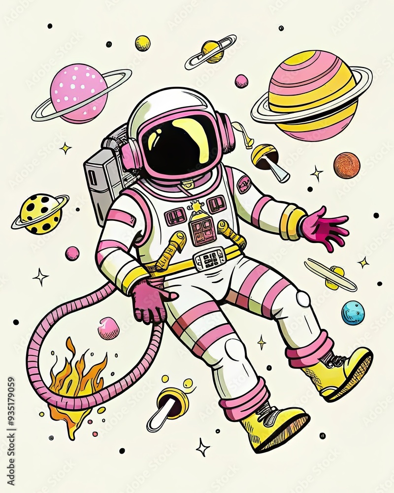 Cartoon Astronaut Floating in Space with Planets Cartoon Astronaut Floating in Space with Planets