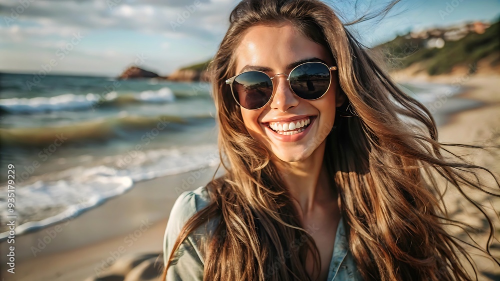 Happy Woman with Sunglasses at the Beach. Happy Woman with Sunglasses at the Beach.