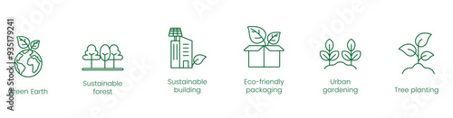 Green Earth, Sustainable Forest, Sustainable Building, Eco-Friendly Packaging, Urban Gardening, Tree Planting Vector Icons
