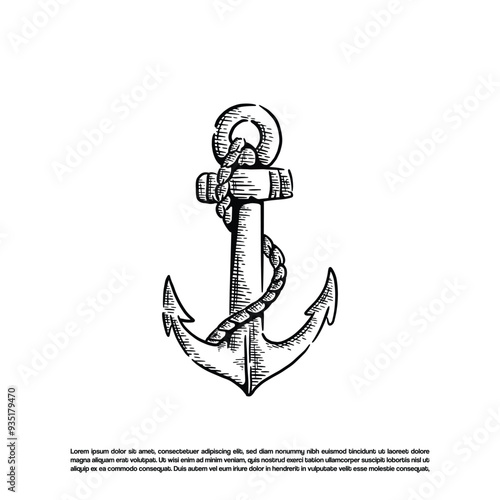 Sketch art vintage anchor with rope vector art illustration