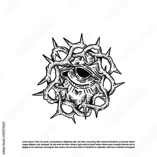 Vintage retro sketch art crown thorn Jesus Christ with eye in the middle