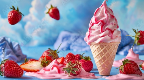 A delightful ice cream cone features a pink swirl on top, complemented by fresh strawberries scattered around on a vibrant blue surface, evoking a joyful summer treat photo