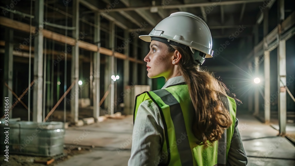 Female construction worker in hard hat and safety vest inspecting building site. Female construction worker in hard hat and safety vest inspecting building site.