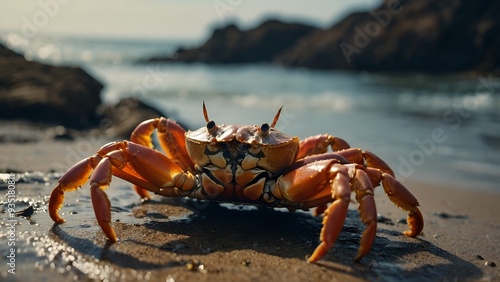 Vibrant crab moving through the shore, showcasing the lively and captivating nature of oceanic ecosystems