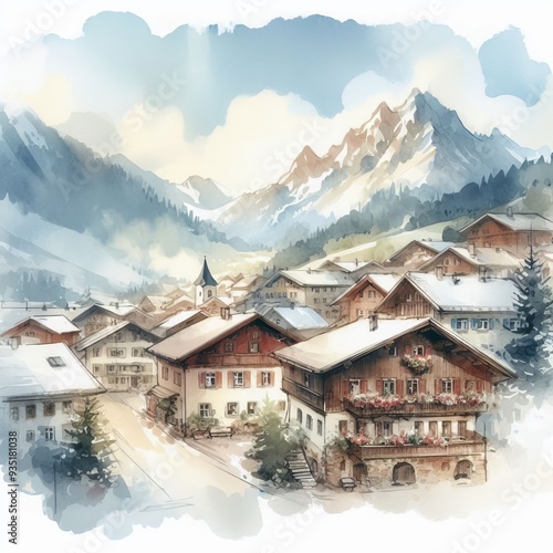 A soft watercolor style illustration of a mountain village with