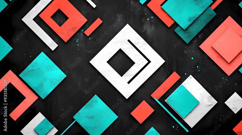 Abstract Geometric Pattern with Red, Teal, and White Shapes on Black Background Abstract Geometric Pattern with Red, Teal, and White Shapes on Black Background