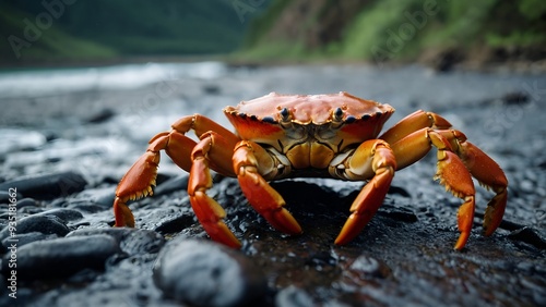 Vibrant crab moving through the shore, showcasing the lively and captivating nature of oceanic ecosystems