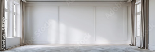 mockup of a white wall forming 3 frames in an empty room with windows and gray curtains on the right and left sides, 3d render, 3d illustration