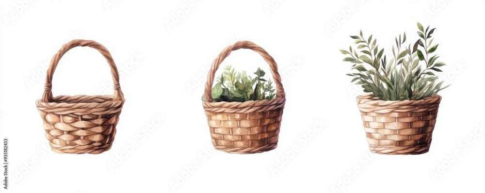 A watercolor illustration of a Boho style basket woven from natural materials, isolated on a white background. A watercolor illustration of a Boho style basket woven from natural materials, isolated on a white background.