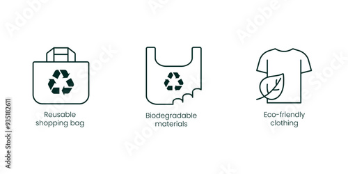 Reusable Shopping Bag, Biodegradable Materials, Eco-Friendly Clothing Vector Icons