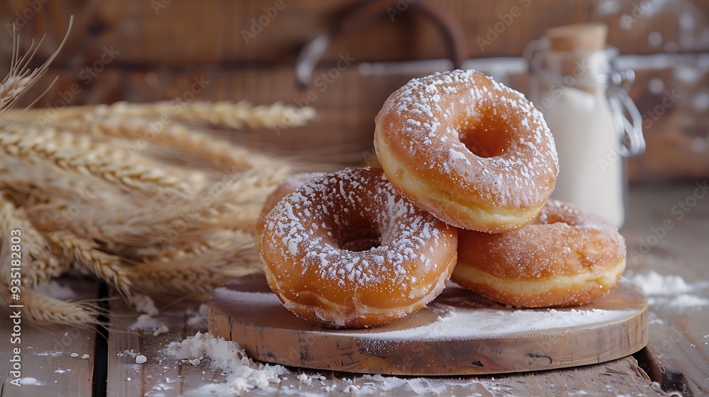 Freshly made doughnuts on an organic backdrop with flour and grain stalks Freshly made doughnuts on an organic backdrop with flour and grain stalks