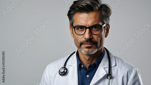 Middle aged doctor slightly gray hair and beard in glasses on light background