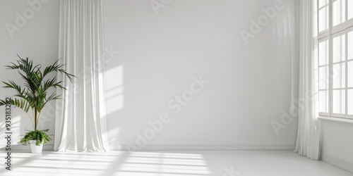 Fototapeta Naklejka Na Ścianę i Meble -  white wall mockup in an empty room with windows, white curtains, white floor with decoration of white pots and green plants, 3d render, 3d illustration