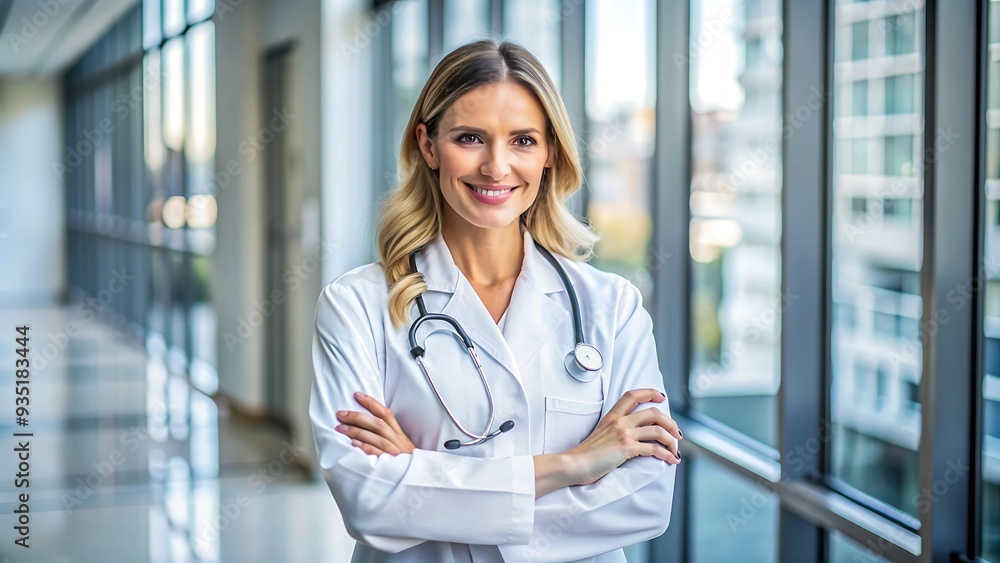Confident Female Doctor Standing in Hospital Corridor. Confident Female Doctor Standing in Hospital Corridor.