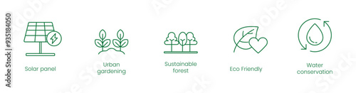 Solar Panel, Urban Gardening, Sustainable Forest, Eco-Friendly, Water Conservation Vector Icons