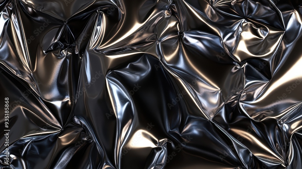 The glossy crinkled plastic displays an array of textures and reflections, capturing light in an artistic manner The glossy crinkled plastic displays an array of textures and reflections, capturing light in an artistic manner