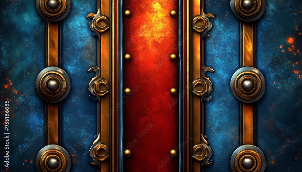 Abstract Metallic Panel with Gold Accents and Red and Blue Backgrounds Abstract Metallic Panel with Gold Accents and Red and Blue Backgrounds