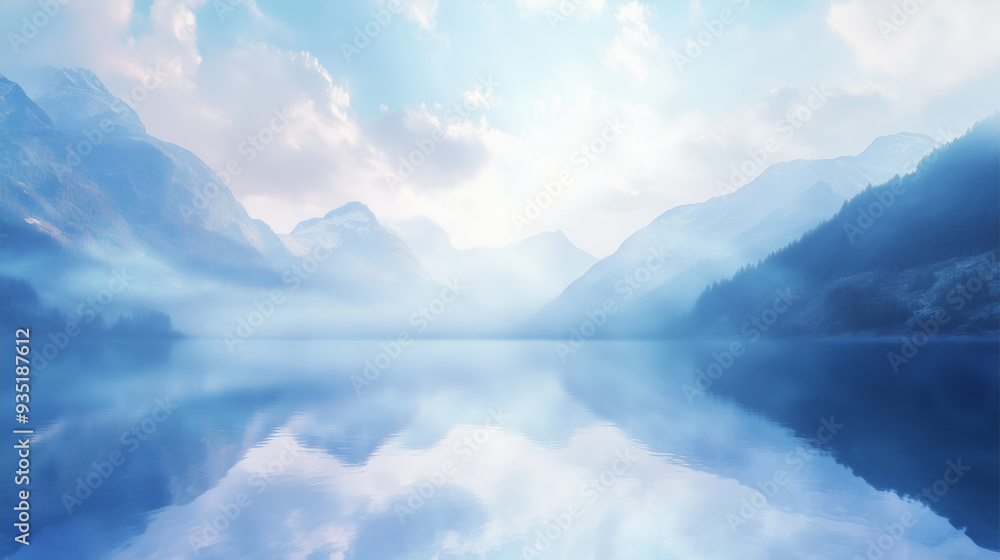 Mountain range with a lake in the foreground. The sky is blue and the mountains are covered with snow. The lake is calm and peaceful, its still waters reflecting the mountains. landscape of mountains Mountain range with a lake in the foreground. The sky is blue and the mountains are covered with snow. The lake is calm and peaceful, its still waters reflecting the mountains. landscape of mountains