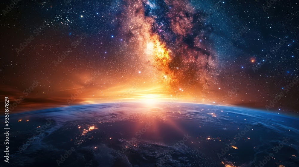 Fototapeta premium Earth and Milky Way Galaxy at Sunset