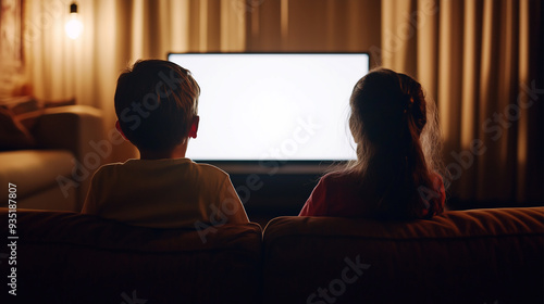 Two children are sitting on a couch in front of a television. Scene is calm and relaxed. mockup tv