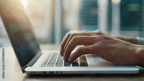 Close-Up of Hands Typing on Laptop Keyboard, Professional Working in Modern Office Environment, Focus on Digital Communication and Productivity, Businessperson Engaged in Online Tasks, Technology.