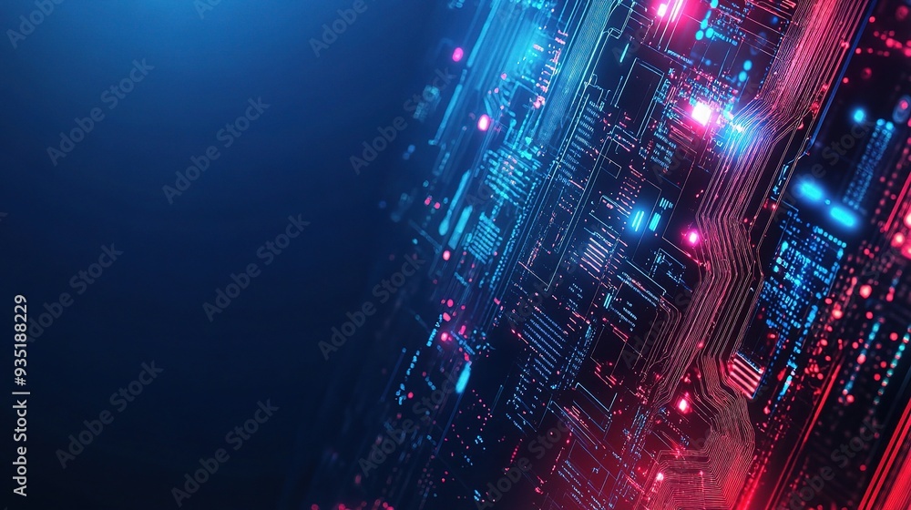 Digital Circuitry: A mesmerizing abstract background showcasing a complex network of glowing red and blue circuits, evoking a sense of futuristic technology, innovation, and connectivity. Digital Circuitry: A mesmerizing abstract background showcasing a complex network of glowing red and blue circuits, evoking a sense of futuristic technology, innovation, and connectivity.