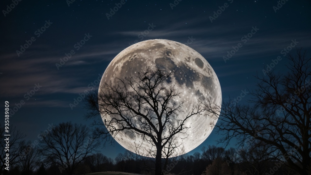 A striking image of a full moon rising behind a silhouetted tree, set against a dark night sky, ideal for celestial and night-themed projects. A striking image of a full moon rising behind a silhouetted tree, set against a dark night sky, ideal for celestial and night-themed projects.