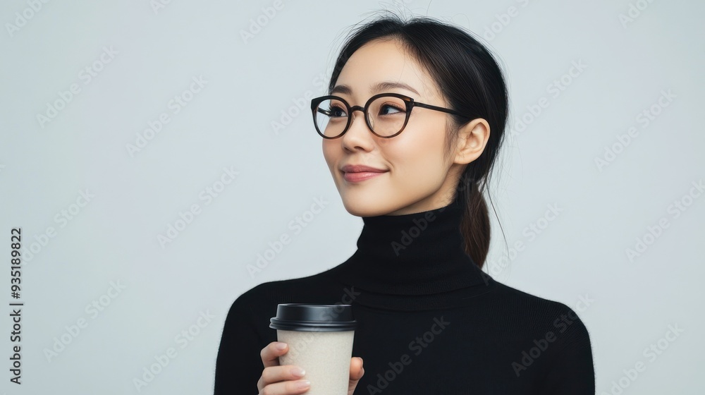 A young woman with her hair up, wearing a black turtleneck and glasses, stands against a plain blue background, holding a small white coffee cup with both hands
A young woman with her hair up, wearing a black turtleneck and glasses, stands against a plain blue background, holding a small white coffee cup with both hands