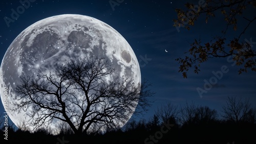 A striking image of a full moon rising behind a silhouetted tree, set against a dark night sky, ideal for celestial and night-themed projects.