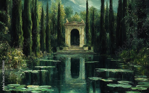 Renaissanceinspired oil painting of a forest pond with lily pads and a vinecovered Greek palace photo