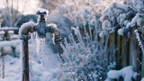Obraz na płótnie Frozen pipes and faucets a frozen garden water tap on a chilly winter day w salonie