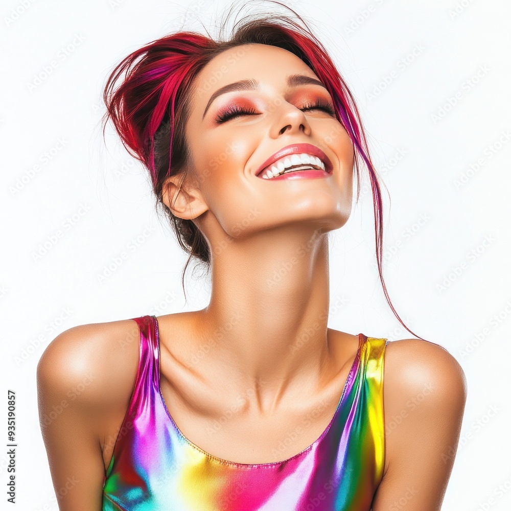 Woman with red hair laughing in iridescent attire Woman with red hair laughing in iridescent attire