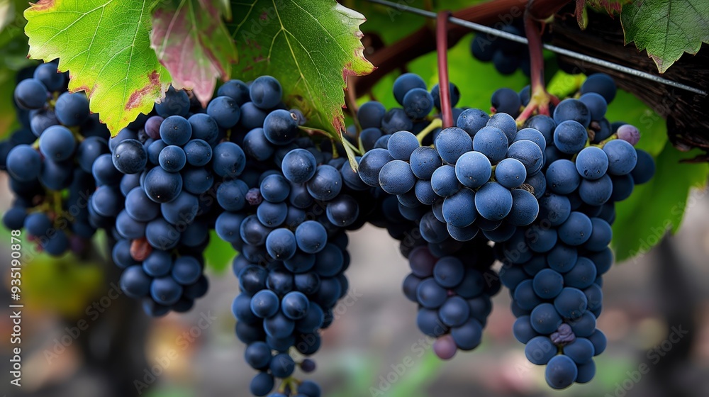Close-up of ripe red grapes hanging on a vine. Close-up of ripe red grapes hanging on a vine.