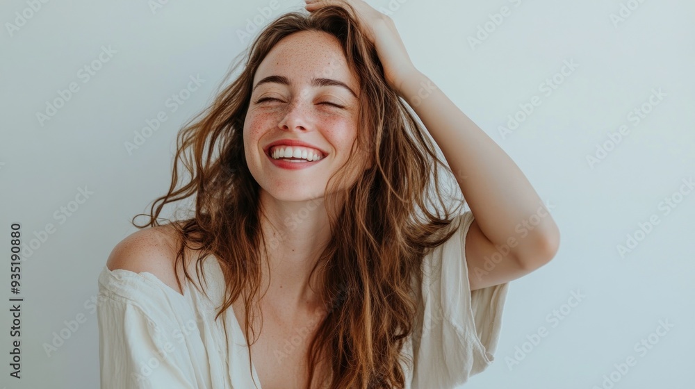 Fototapeta premium Freckles and waves, woman with unruly hair laughing.