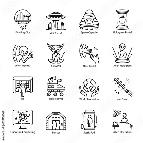 Set of Linear Style Extraterrestrial and Fiction Icons