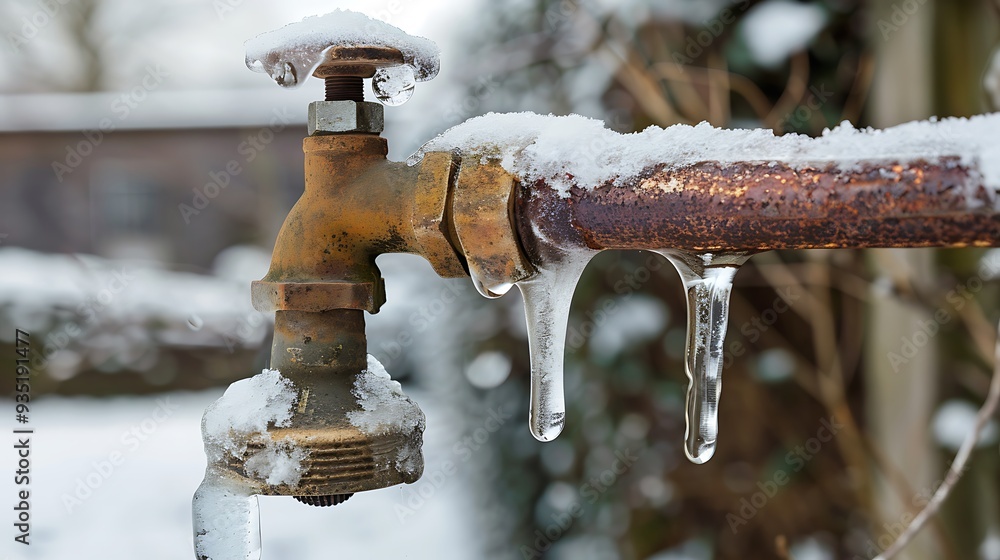 Frozen pipes and faucets a frozen garden water tap on a chilly winter day