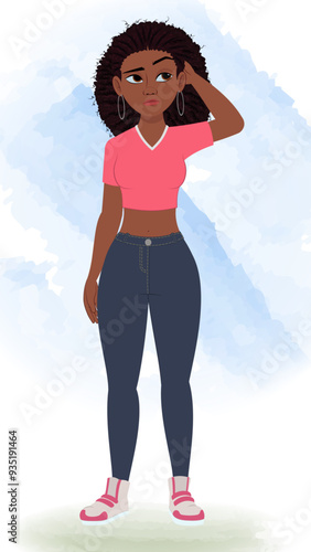 A black young girl cartoon character, curly hair african girl , hot girl character for animation, confuse pose