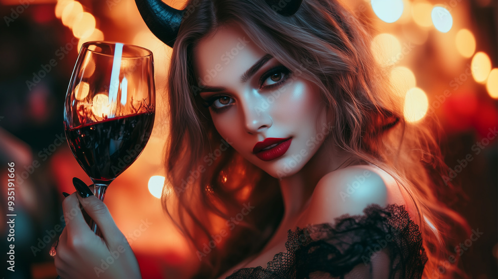 beautiful girl with glass of wine in hand and horns on her head at halloween party