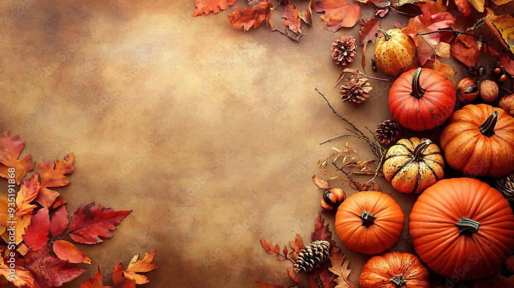 Autumn's Warm Embrace: A rustic canvas adorned with pumpkins, gourds, and vibrant fall leaves, evoking the cozy spirit of autumn. Autumn's Warm Embrace: A rustic canvas adorned with pumpkins, gourds, and vibrant fall leaves, evoking the cozy spirit of autumn.