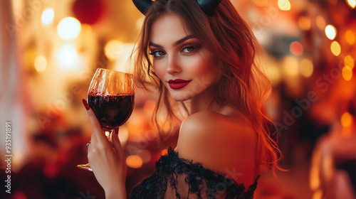 beautiful girl with glass of wine in hand and horns on her head at halloween party