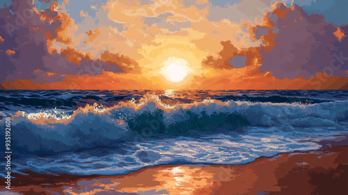 A painting of a beach with a large wave crashing in the background. The sky is orange and the sun is setting in pixel art. pixel art landscape. game graphic