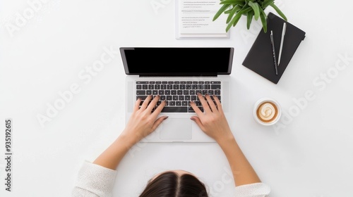 Obraz na płótnie Typing on laptop near plant and coffee cup w salonie