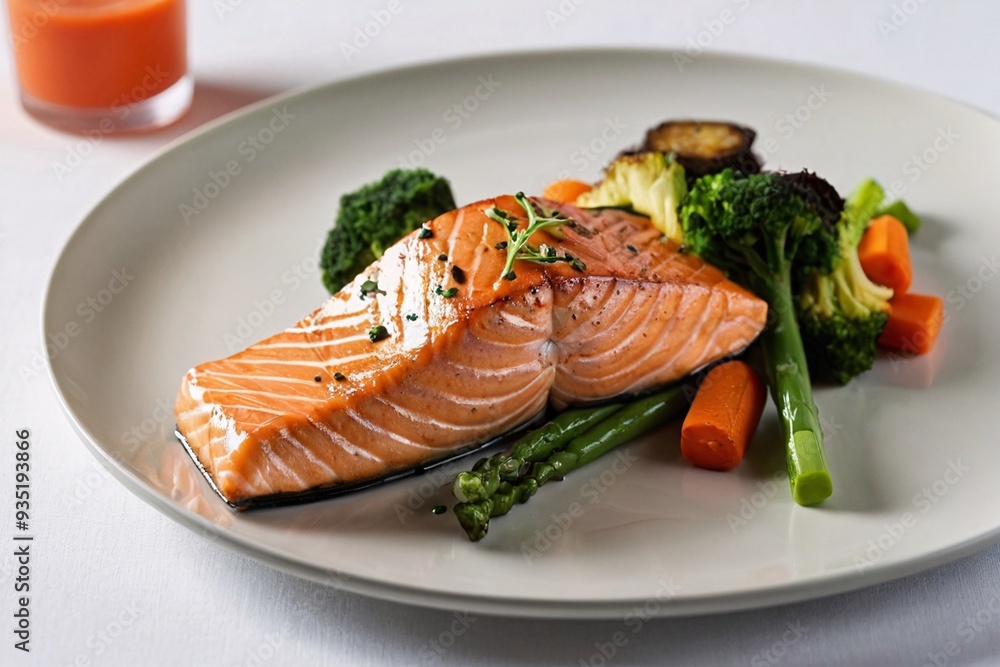 Grilled Salmon with Roasted Vegetables on White Plate. Grilled Salmon with Roasted Vegetables on White Plate.