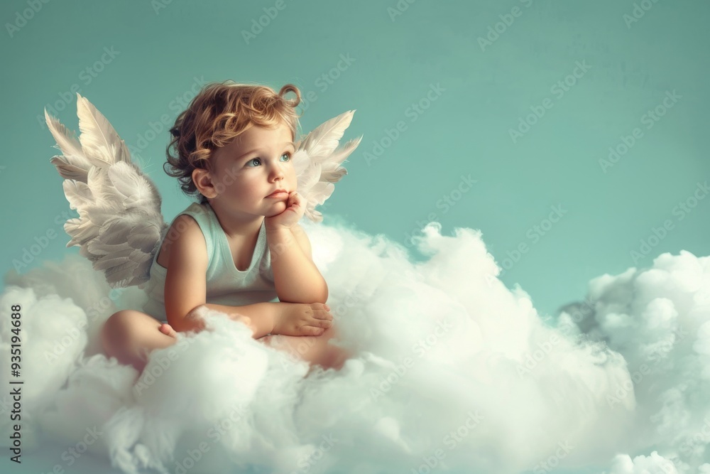 A small angel perched gracefully atop fluffy clouds, radiating serenity and innocence in a heavenly setting, A tiny angel sitting on a fluffy cloud , Ai generated A small angel perched gracefully atop fluffy clouds, radiating serenity and innocence in a heavenly setting, A tiny angel sitting on a fluffy cloud , Ai generated