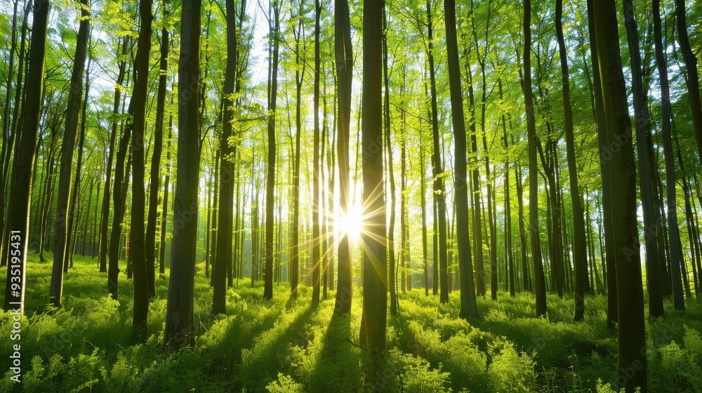 Luminous Spring Forest, a vibrant panorama showcasing lush green deciduous trees illuminated by strong sunlight filtering through the foliage, perfect for seasonal backgrounds.